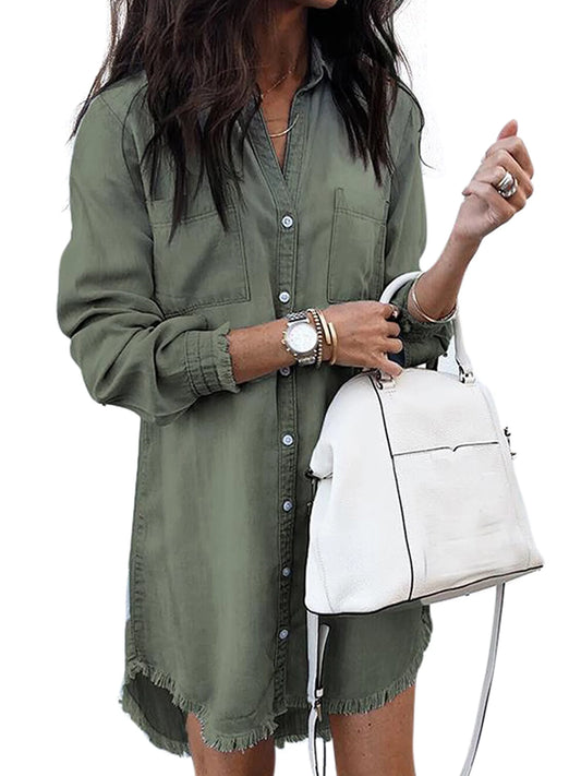 Plus Size Fashion New Women Denim Long Sleeve Tassel Blouse Tops Mini Dress Long Boyfriend Shirt Denim Jeans Tops Ladies Denim Button Lapel V Neck Casual Tunic T-Shirt Size 4-20